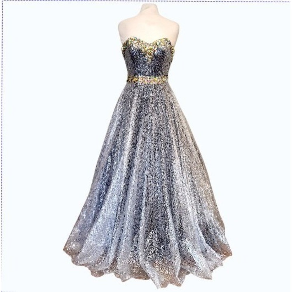 Tony Bowls Le Gala Silver Sequin Rhinestone Pageant Princess Red Carpet Gown 6 - Picture 2 of 14